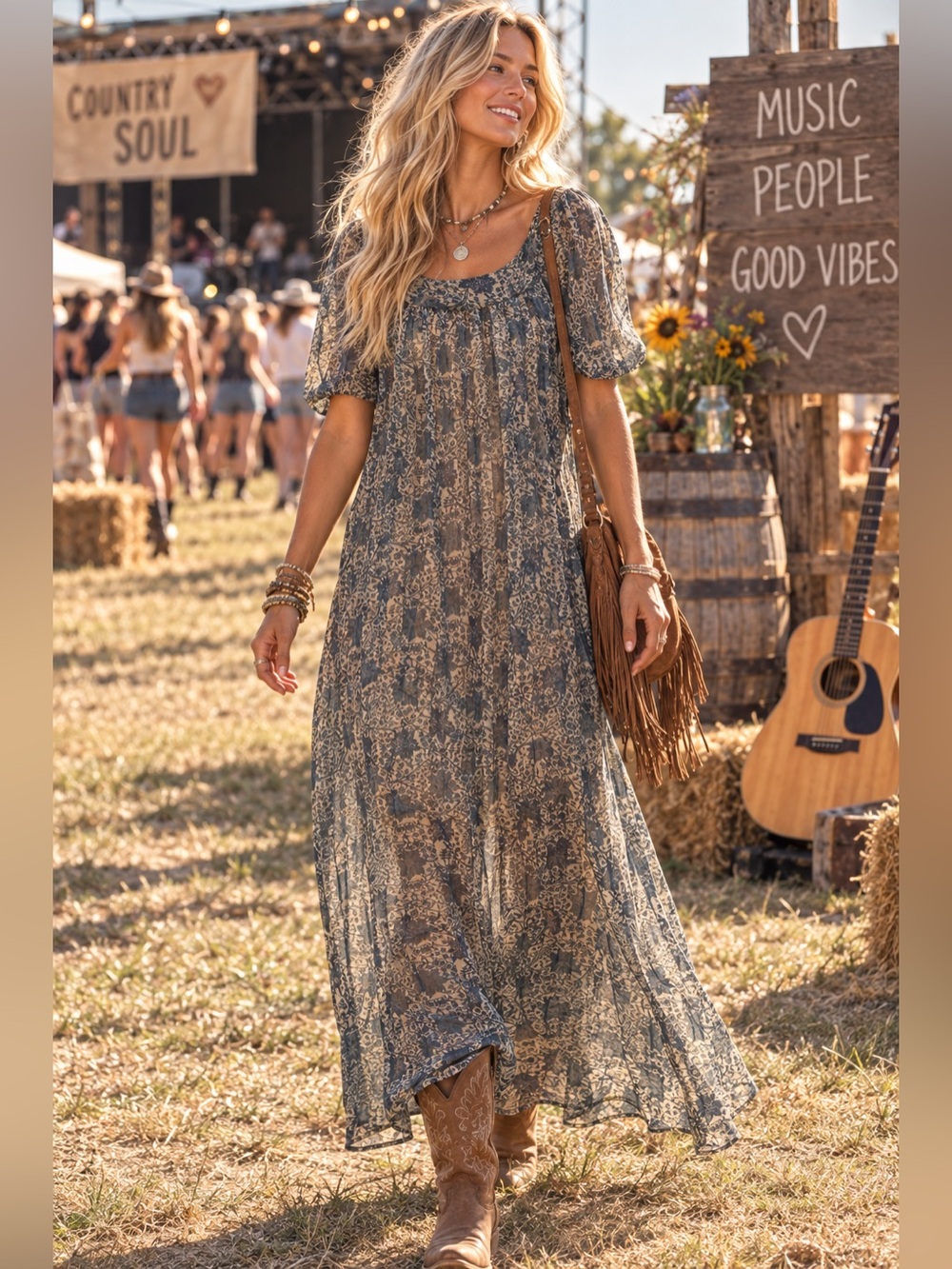 Natalie Martin M Maxi Dress Boho Floral Viscose Sheer Keyhole Festival Blue